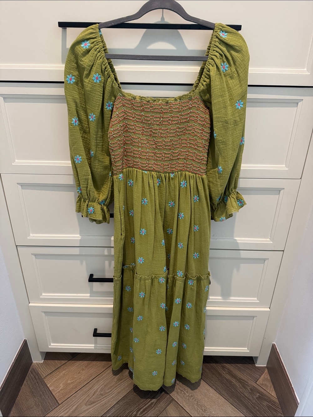 Amazon Olive Green Floral Maxi Dress with Blue Embroidery